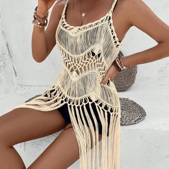 Apricot Boho Womens Hollow Out Fringe Hem Crochet Cover Up - Picture 3 of 5